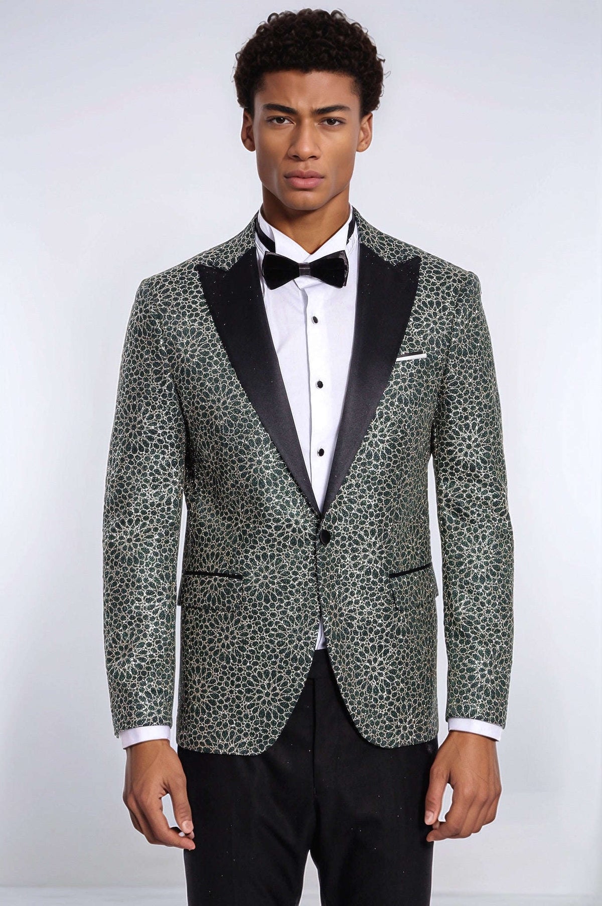 Flower Embroidered Pattern Green Men Prom Blazer - Wessi