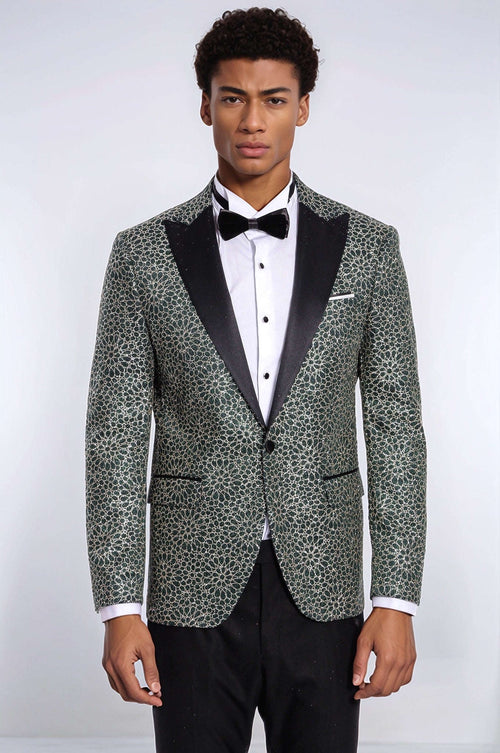 Flower Embroidered Pattern Green Men Prom Blazer - Wessi