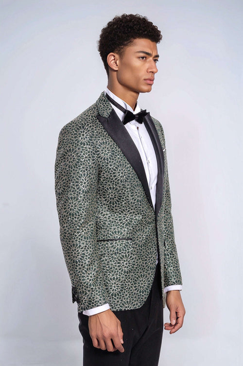 Flower Embroidered Pattern Green Men Prom Blazer - Wessi