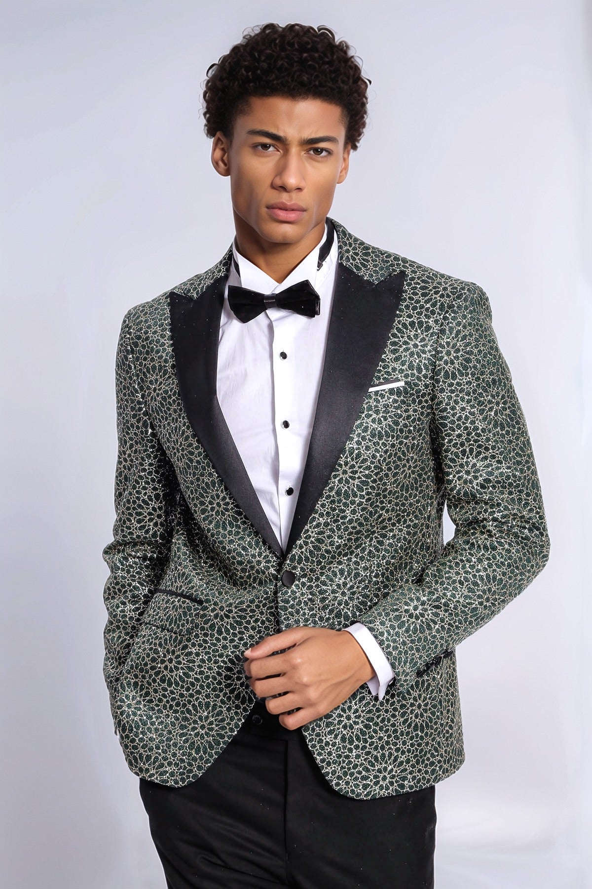 Flower Embroidered Pattern Green Men Prom Blazer - Wessi