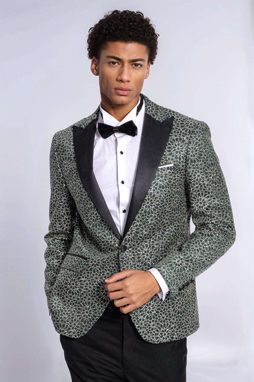 Flower Embroidered Pattern Green Men Prom Blazer - Wessi