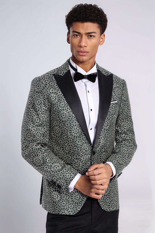 Flower Embroidered Pattern Green Men Prom Blazer - Wessi
