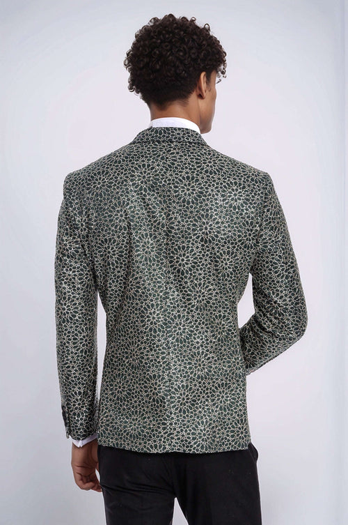 Flower Embroidered Pattern Green Men Prom Blazer - Wessi