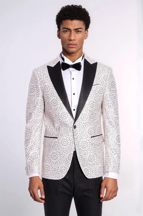 Flower Embroidered Pattern White Men Prom Blazer - Wessi