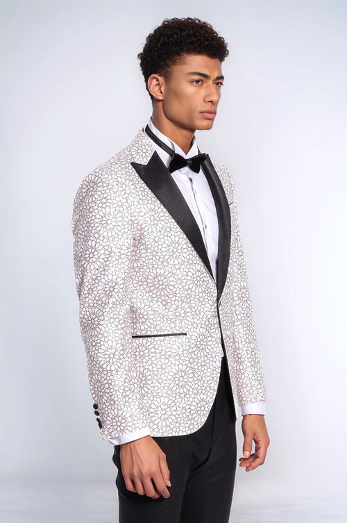 Flower Embroidered Pattern White Men Prom Blazer - Wessi