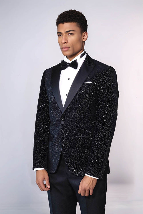 Leopard Pattern Slim Fit Black Men Prom Blazer - Wessi