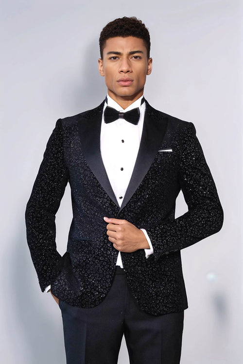 Leopard Pattern Slim Fit Black Men Prom Blazer - Wessi