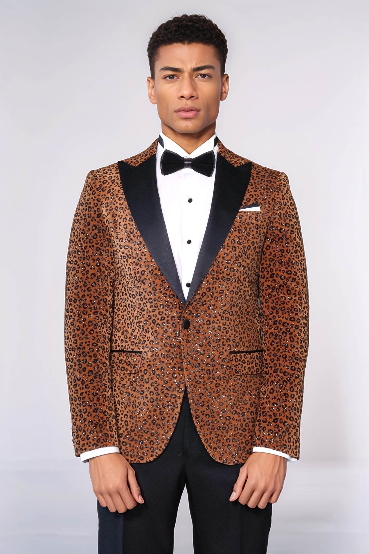 Leopard Pattern Slim Fit Peak Lapel Yellow Men Prom Blazer