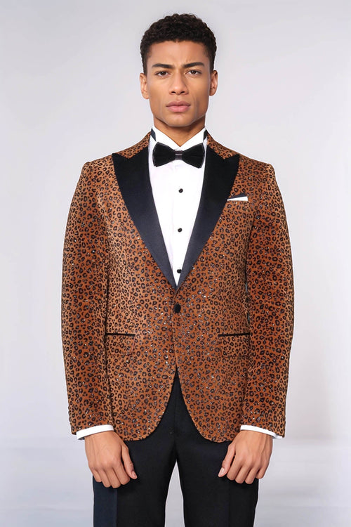 Leopard Pattern Slim Fit Peak Lapel Yellow Men Prom Blazer