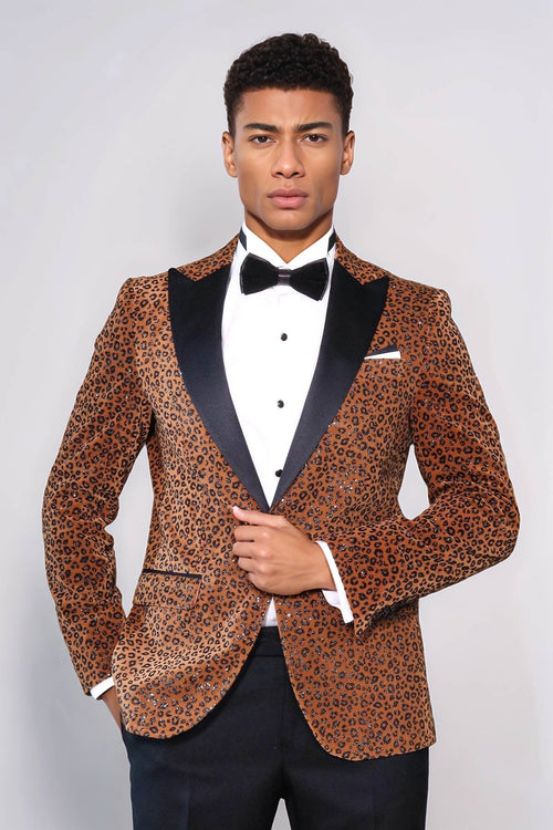 Leopard Pattern Slim Fit Peak Lapel Yellow Men Prom Blazer