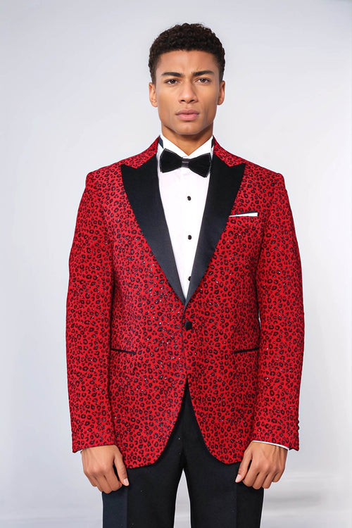 Leopard Pattern Slim Fit Peak Lapel Burgundy Men Prom Blazer