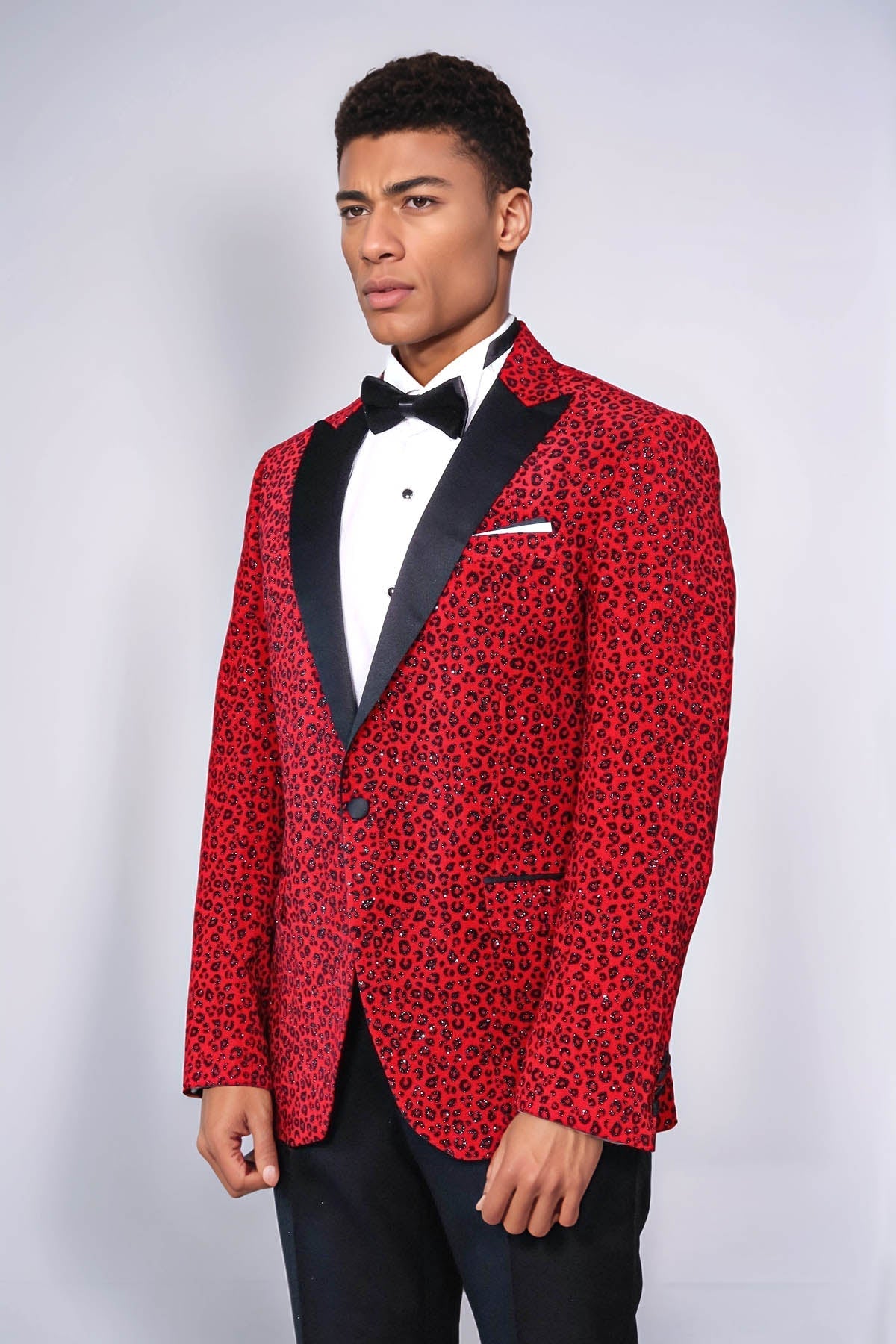 Leopard Pattern Slim Fit Peak Lapel Burgundy Men Prom Blazer