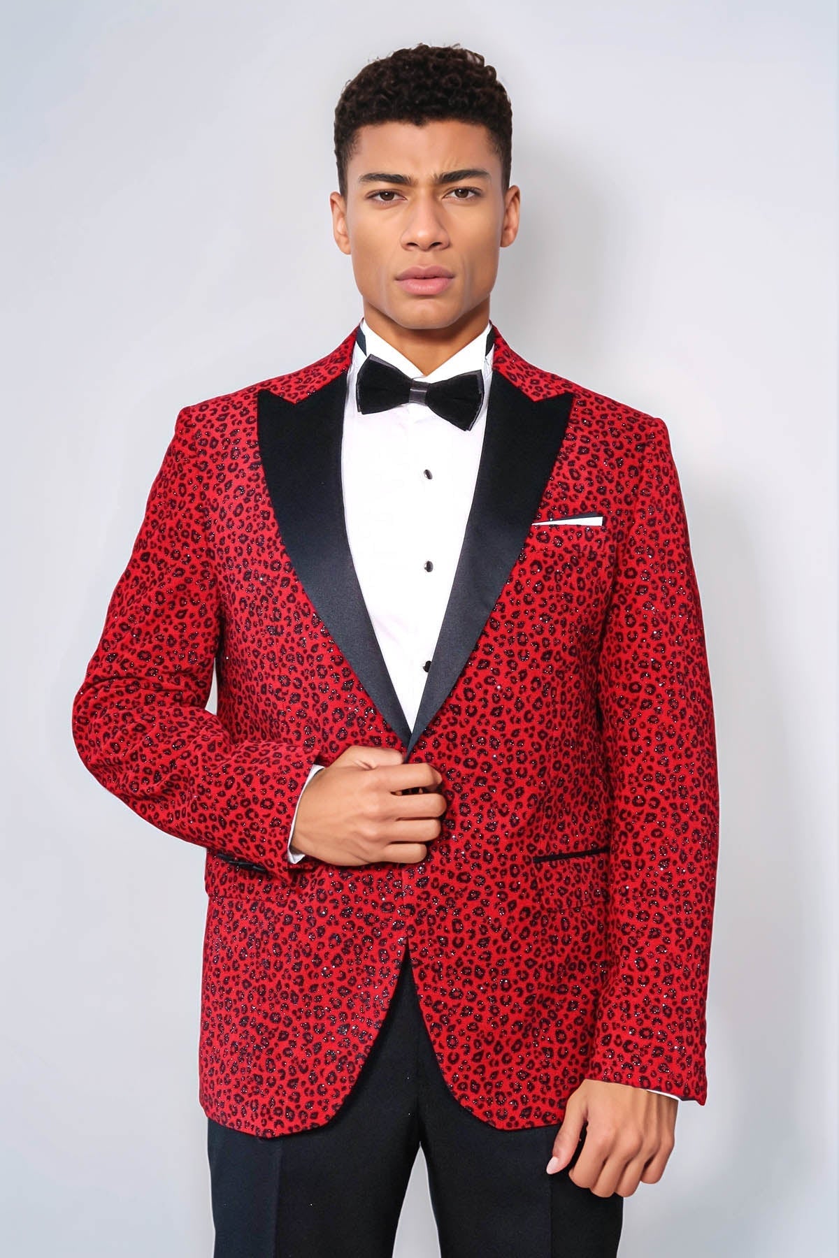 Leopard Pattern Slim Fit Peak Lapel Burgundy Men Prom Blazer