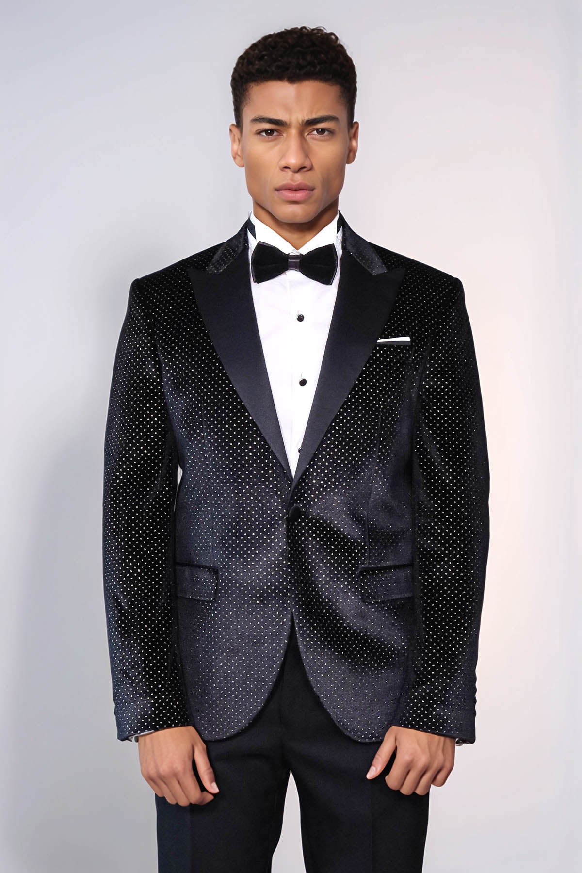 Sparkling Dotted Peak Lapel Men's Black Tuxedo Jacket - Wessi