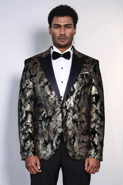 Peak Lapel Slim Fit Gold Patterned Black Men Prom Blazer