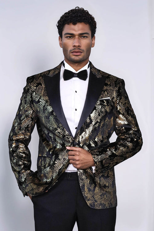 Peak Lapel Slim Fit Gold Patterned Black Men Prom Blazer