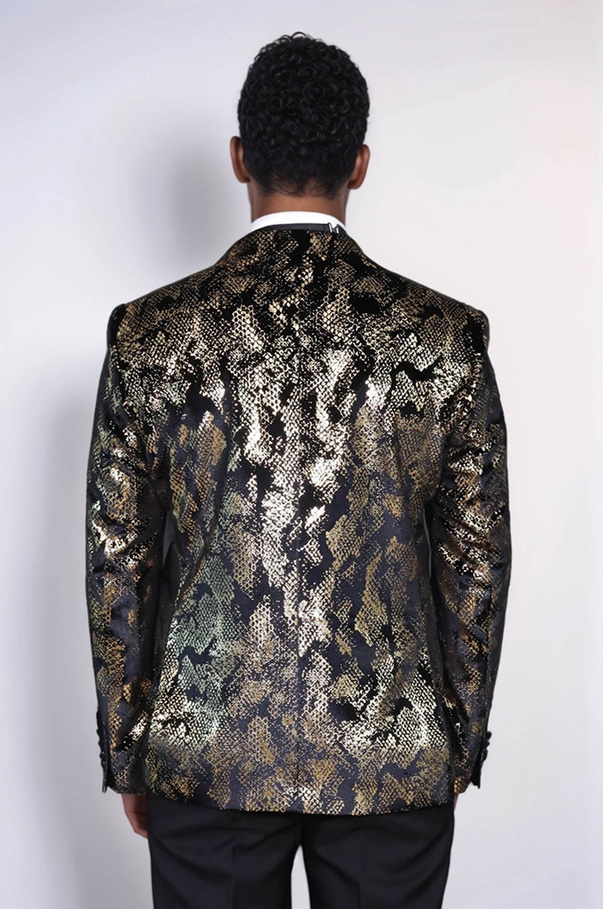 Peak Lapel Slim Fit Gold Patterned Black Men Prom Blazer