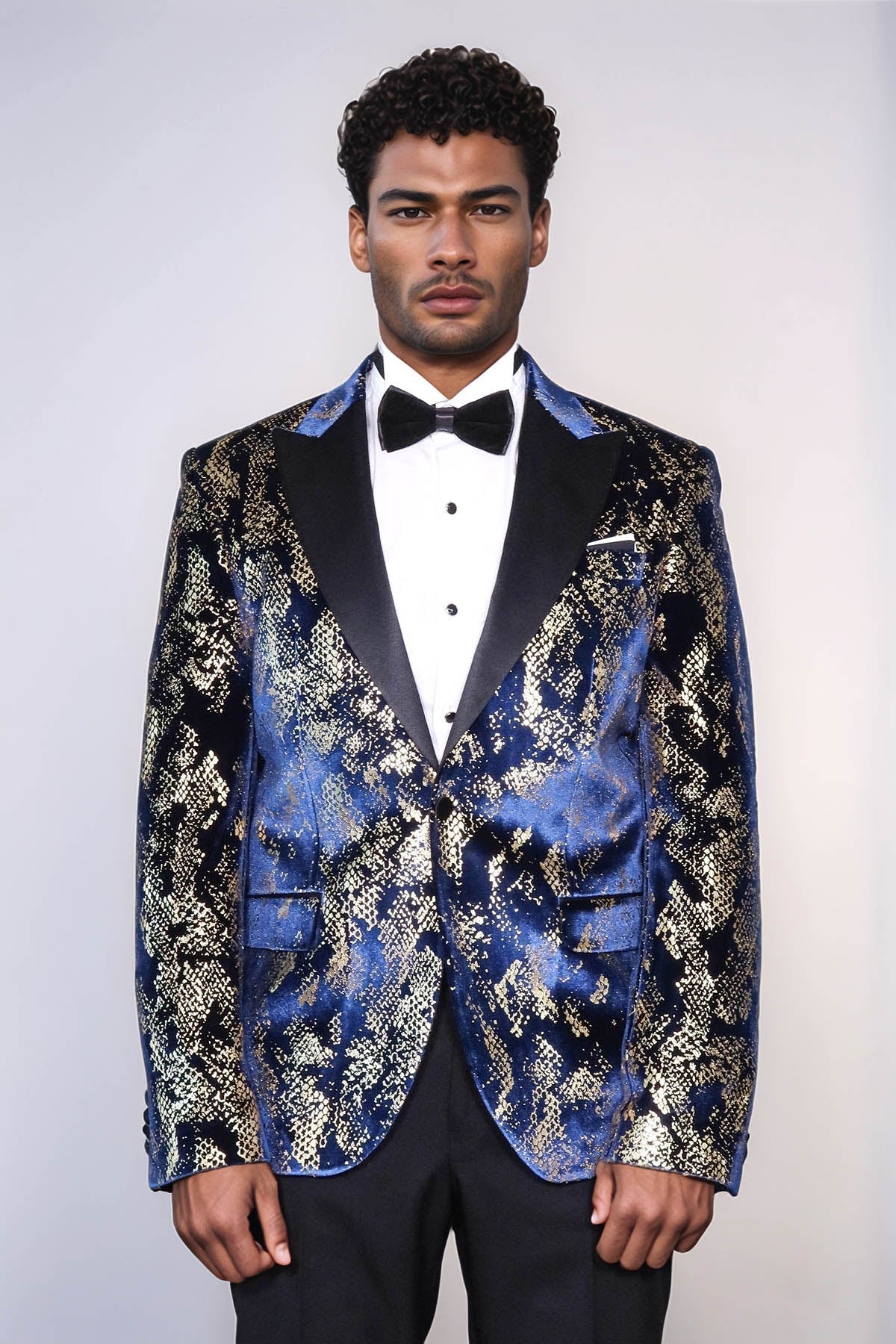 Peak Lapel Slim Fit Gold Patterned Navy Blue Men Prom Blazer
