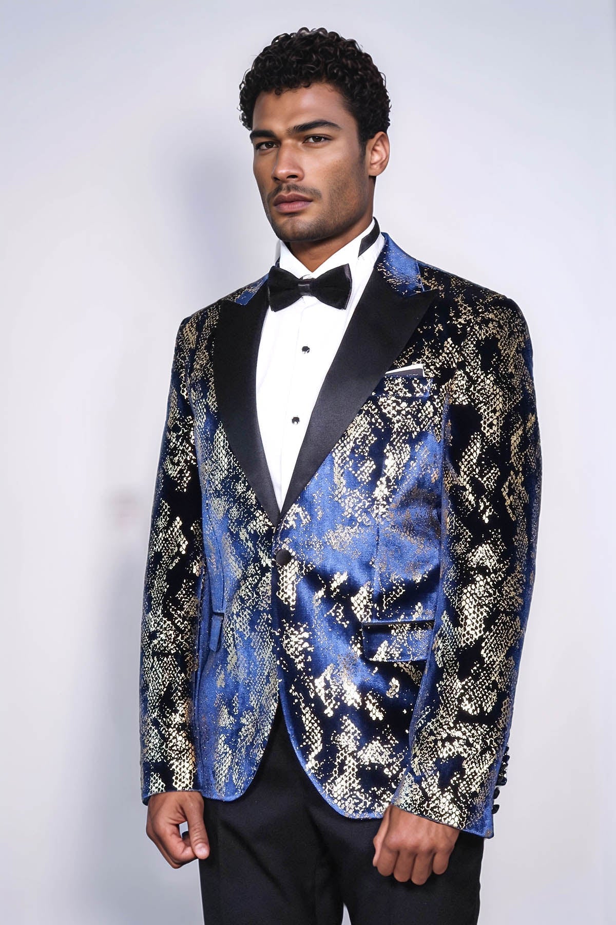 Peak Lapel Slim Fit Gold Patterned Navy Blue Men Prom Blazer