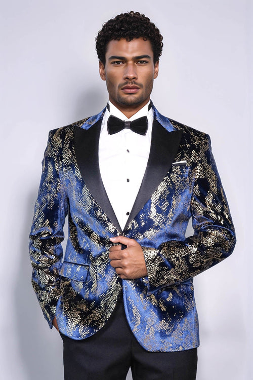 Peak Lapel Slim Fit Gold Patterned Navy Blue Men Prom Blazer