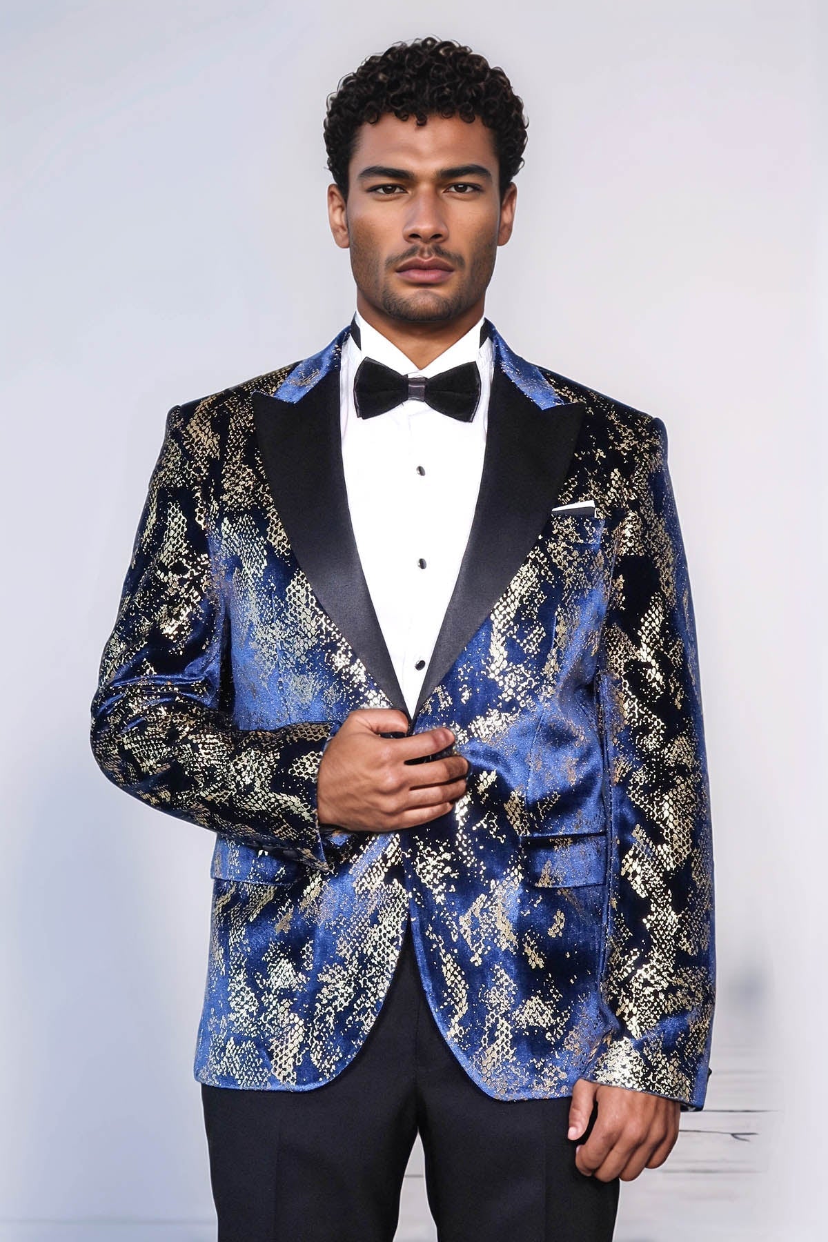 Peak Lapel Slim Fit Gold Patterned Navy Blue Men Prom Blazer