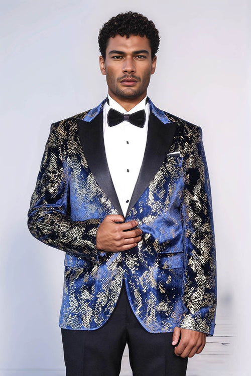 Peak Lapel Slim Fit Gold Patterned Navy Blue Men Prom Blazer