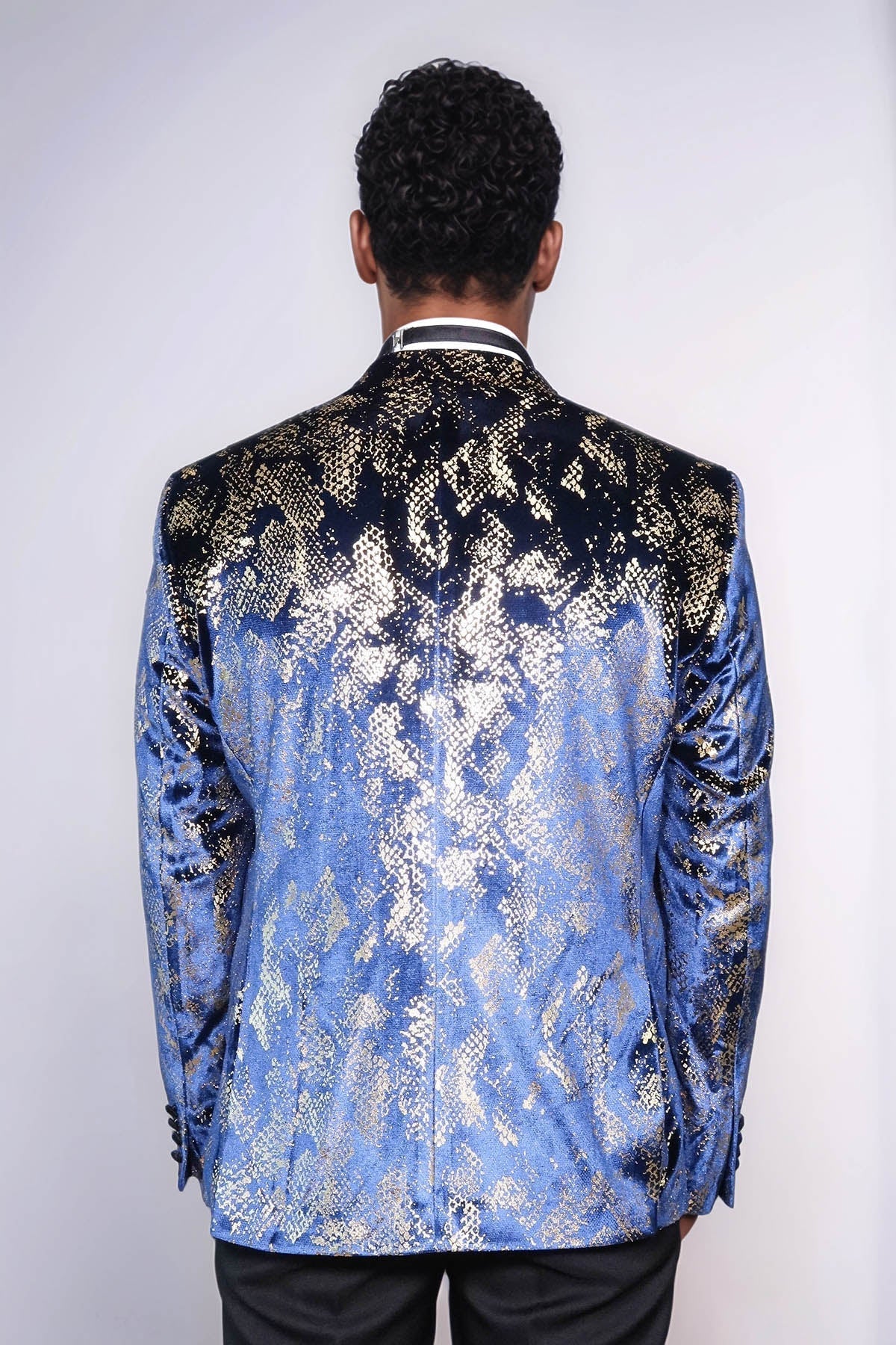 Peak Lapel Slim Fit Gold Patterned Navy Blue Men Prom Blazer