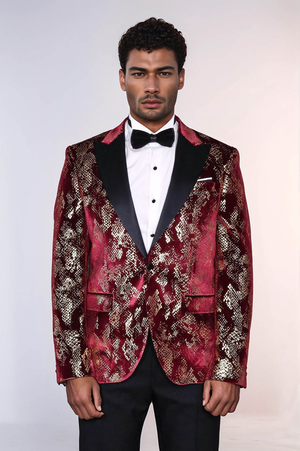 Peak Lapel Slim Fit Gold Patterned Burgundy Men Prom Blazer