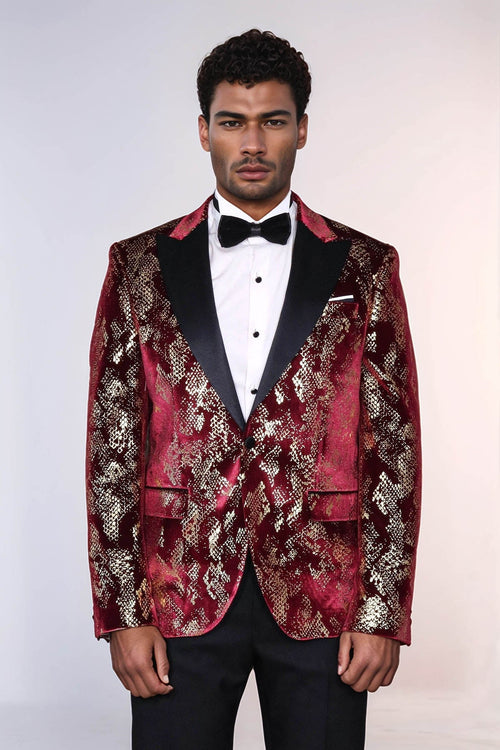 Peak Lapel Slim Fit Gold Patterned Burgundy Men Prom Blazer