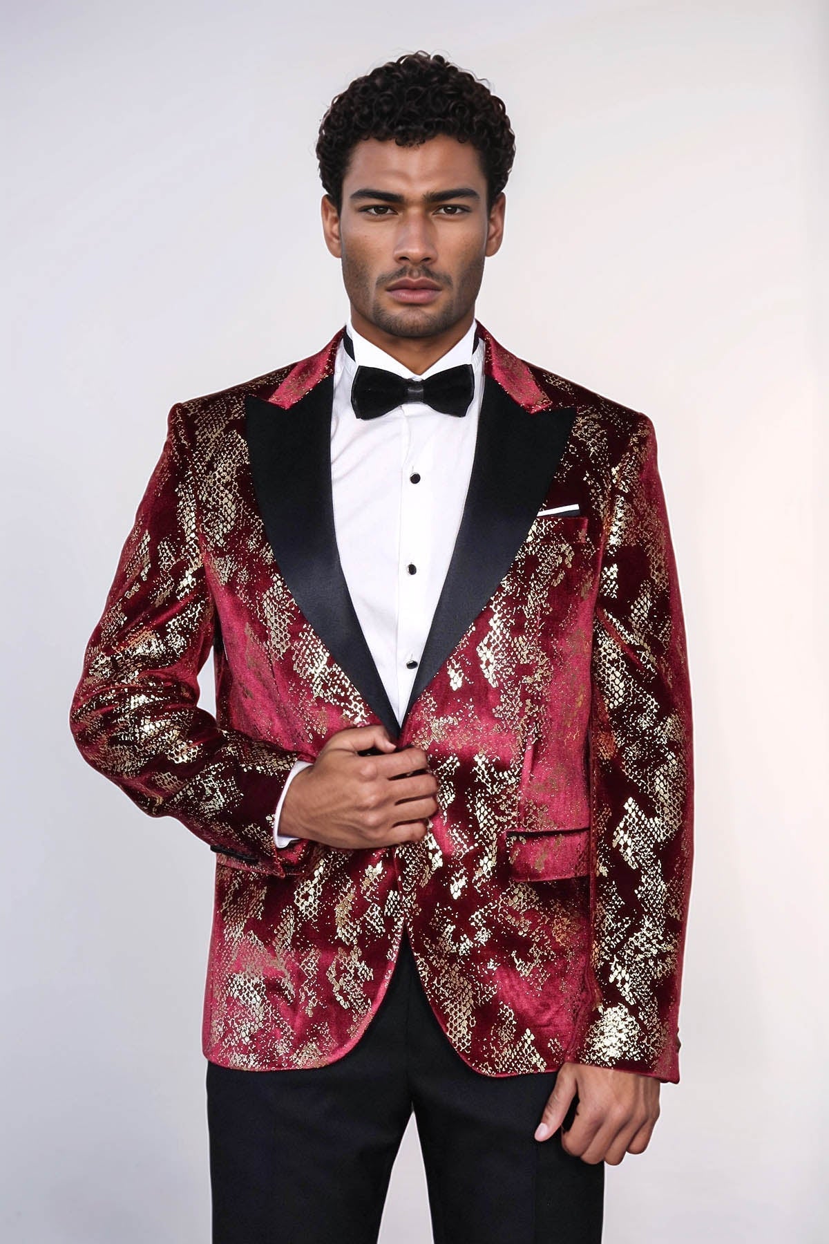 Peak Lapel Slim Fit Gold Patterned Burgundy Men Prom Blazer