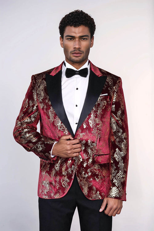 Peak Lapel Slim Fit Gold Patterned Burgundy Men Prom Blazer