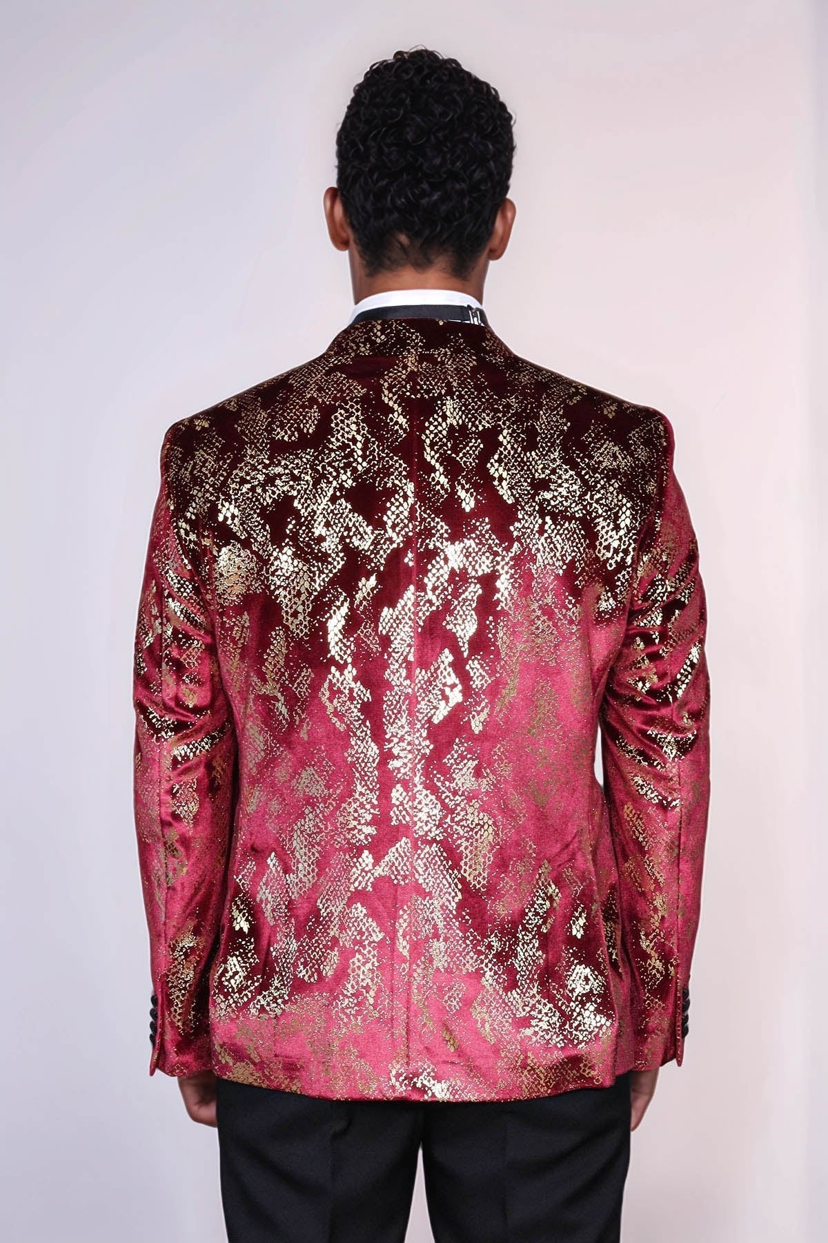 Peak Lapel Slim Fit Gold Patterned Burgundy Men Prom Blazer