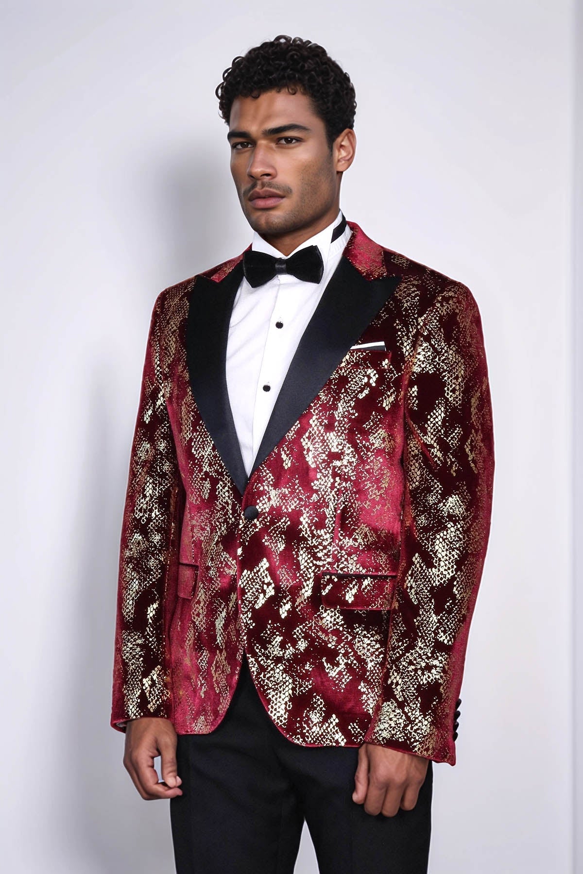 Peak Lapel Slim Fit Gold Patterned Burgundy Men Prom Blazer