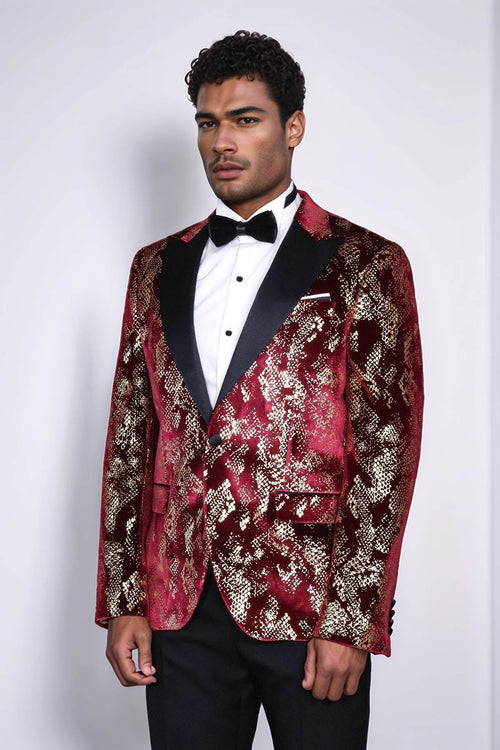 Peak Lapel Slim Fit Gold Patterned Burgundy Men Prom Blazer