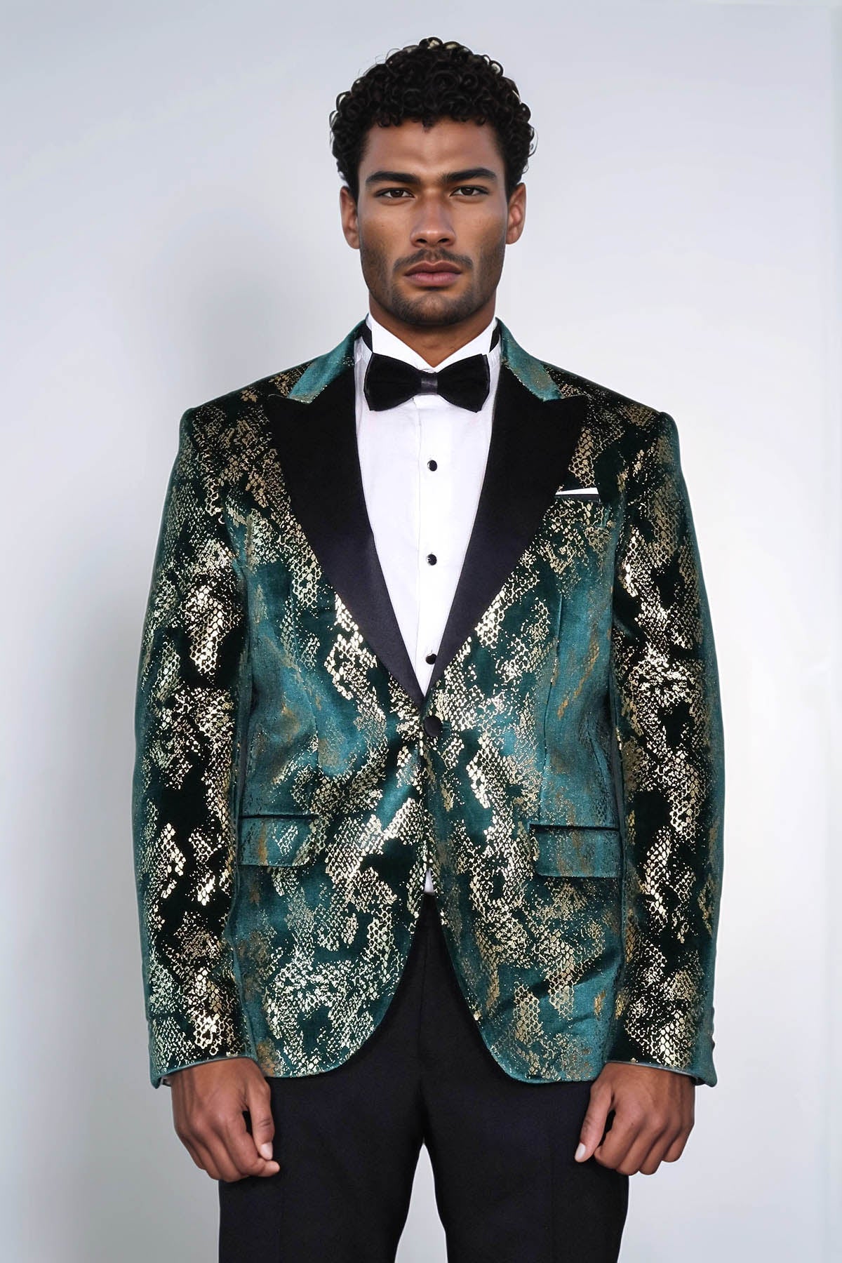 Peak Lapel Slim Fit Gold Patterned Green Men Prom Blazer