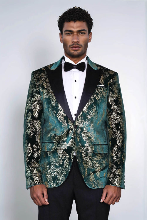 Peak Lapel Slim Fit Gold Patterned Green Men Prom Blazer