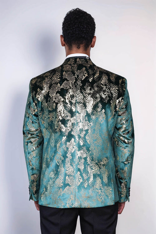 Peak Lapel Slim Fit Gold Patterned Green Men Prom Blazer
