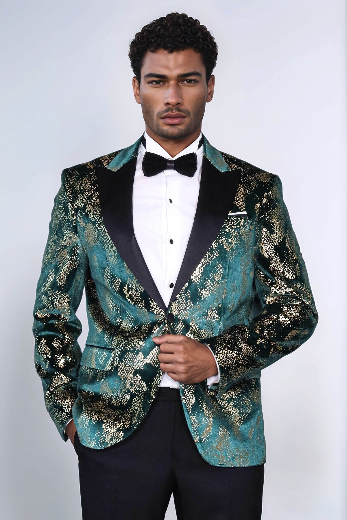 Peak Lapel Slim Fit Gold Patterned Green Men Prom Blazer
