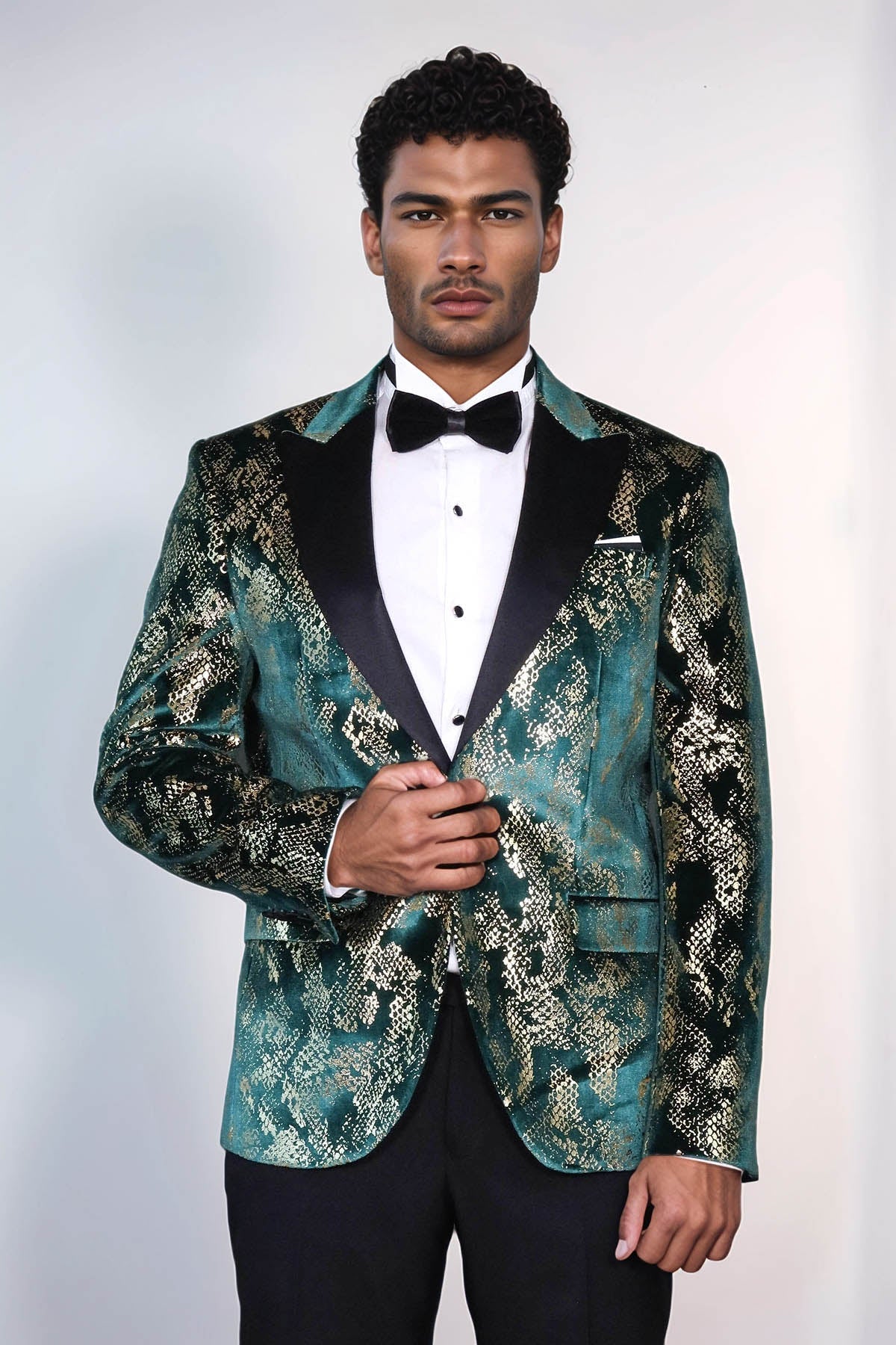 Peak Lapel Slim Fit Gold Patterned Green Men Prom Blazer