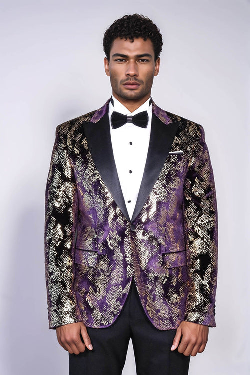 Peak Lapel Slim Fit Gold Patterned Purple Men Prom Blazer