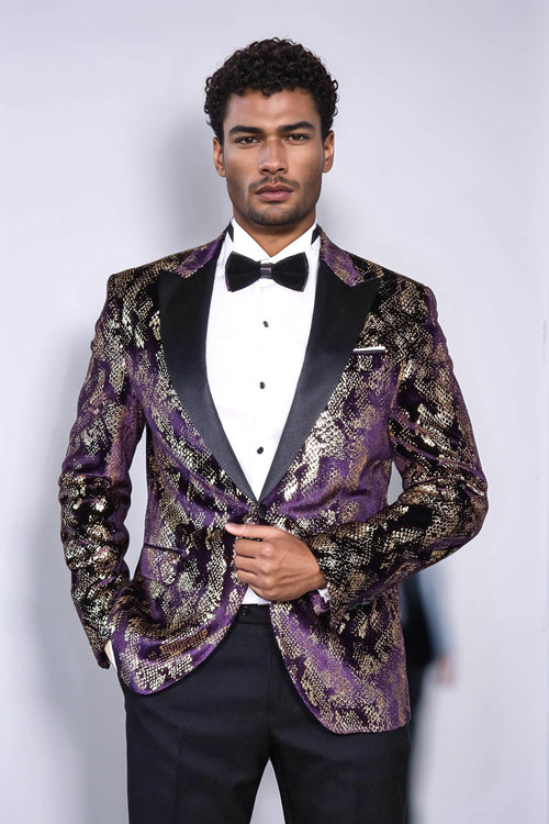 Peak Lapel Slim Fit Gold Patterned Purple Men Prom Blazer
