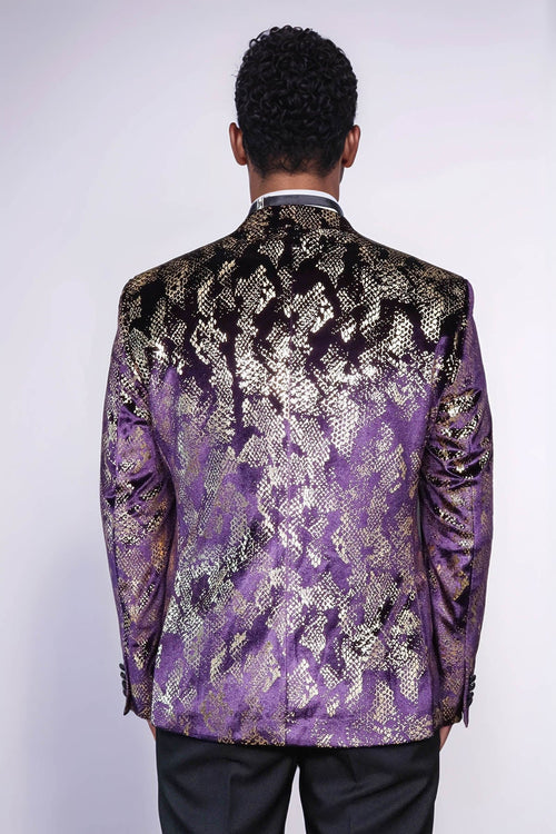 Peak Lapel Slim Fit Gold Patterned Purple Men Prom Blazer