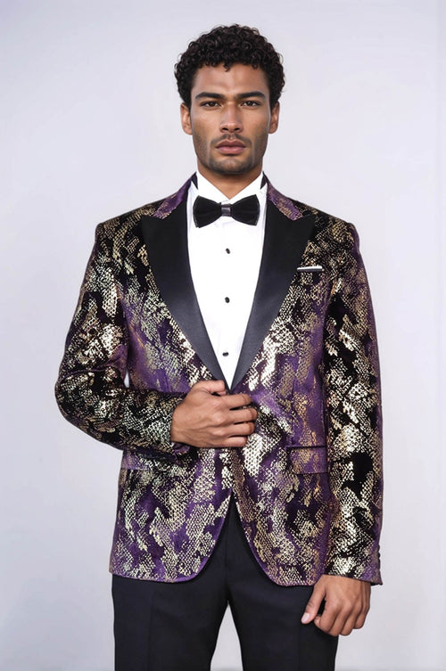 Peak Lapel Slim Fit Gold Patterned Purple Men Prom Blazer
