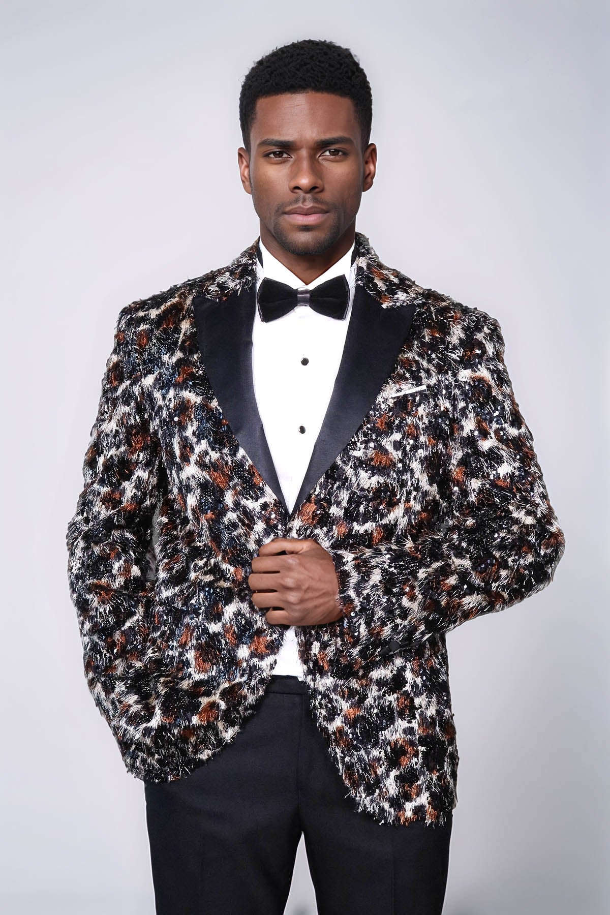 White and Black Feather Patterned Men's Prom Jacket - Wessi