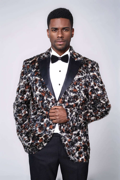 White and Black Feather Patterned Men's Prom Jacket - Wessi