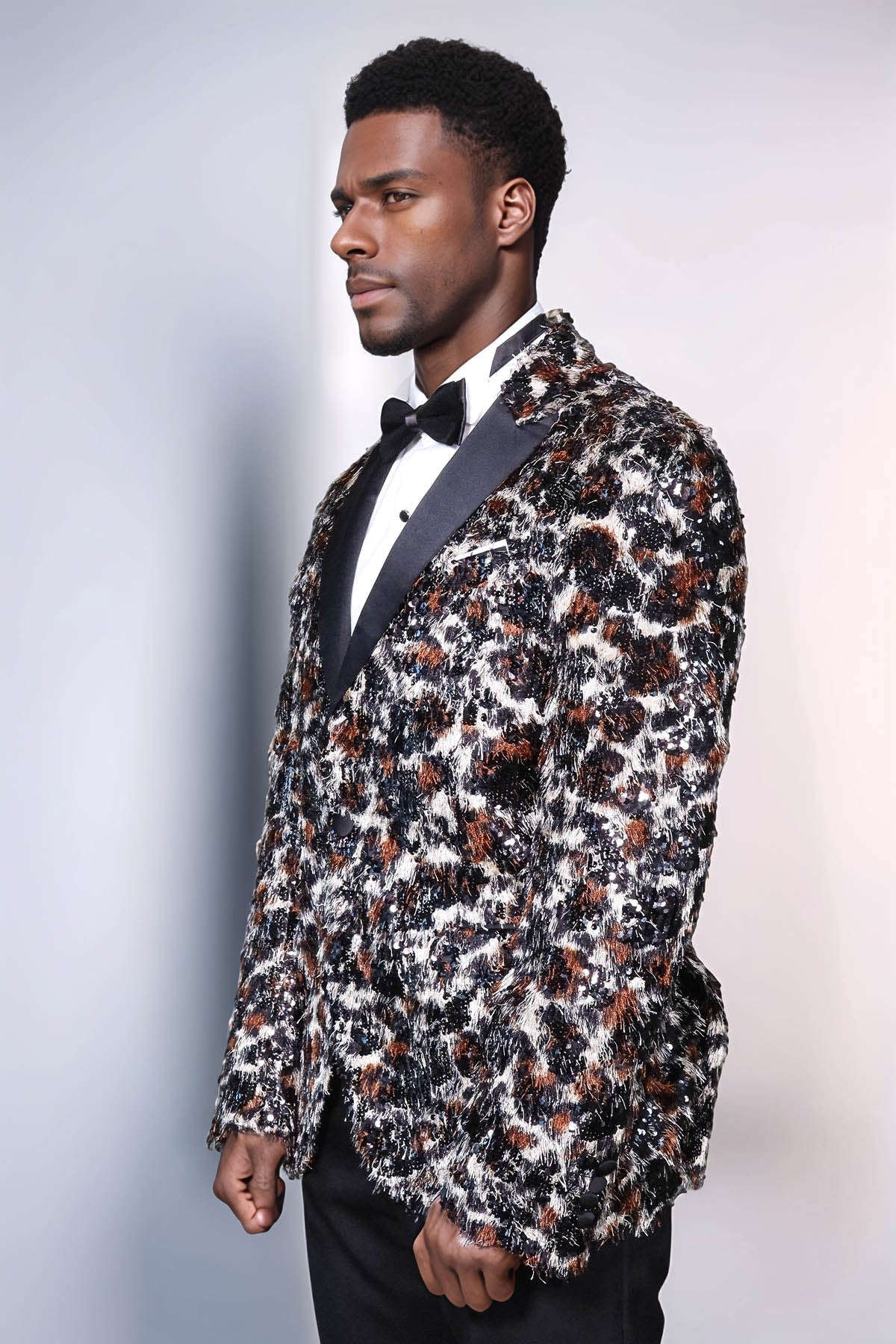 White and Black Feather Patterned Men's Prom Jacket - Wessi