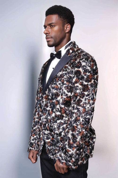 White and Black Feather Patterned Men's Prom Jacket - Wessi