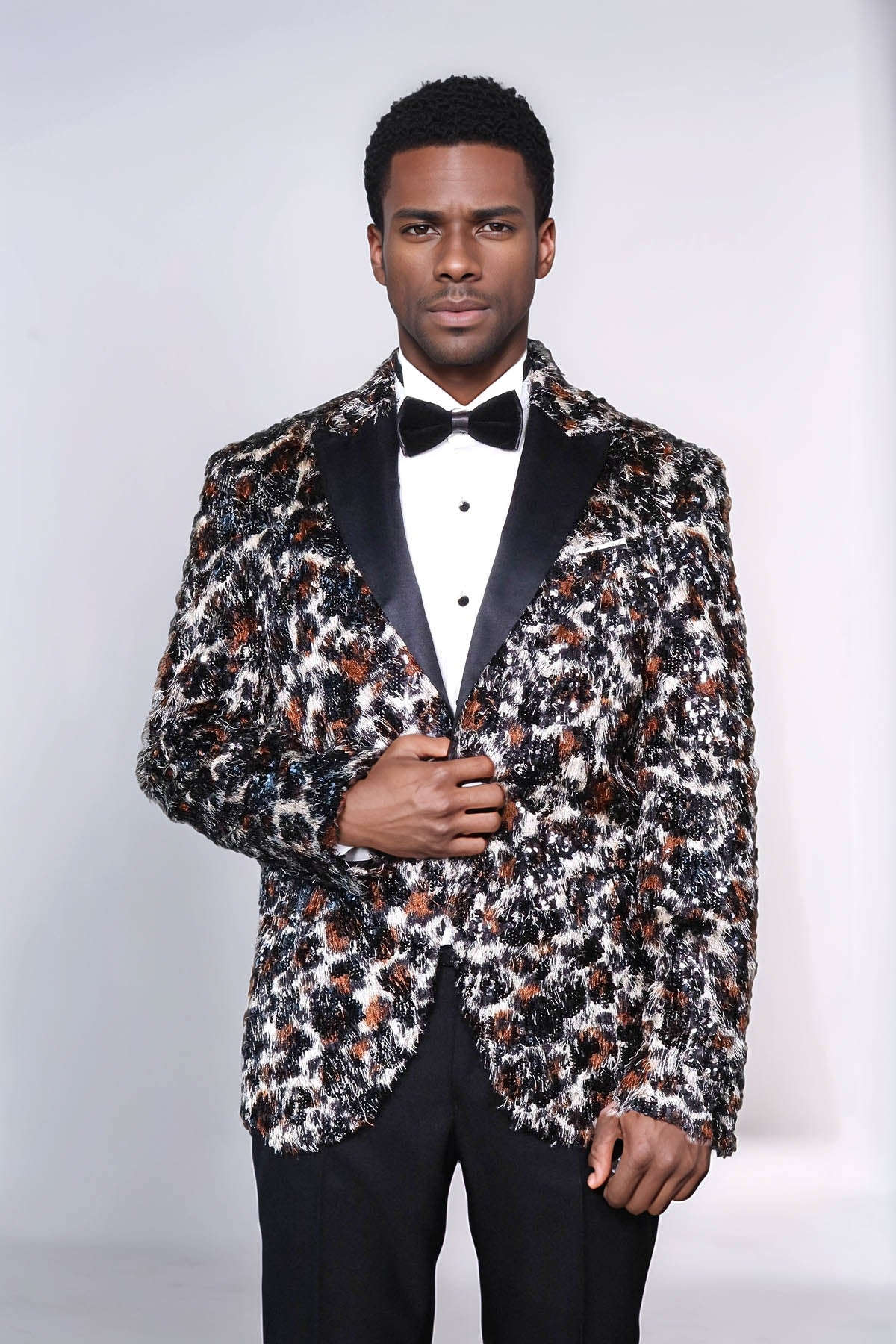 White and Black Feather Patterned Men's Prom Jacket - Wessi