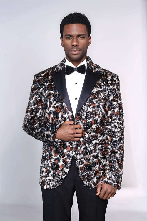 White and Black Feather Patterned Men's Prom Jacket - Wessi