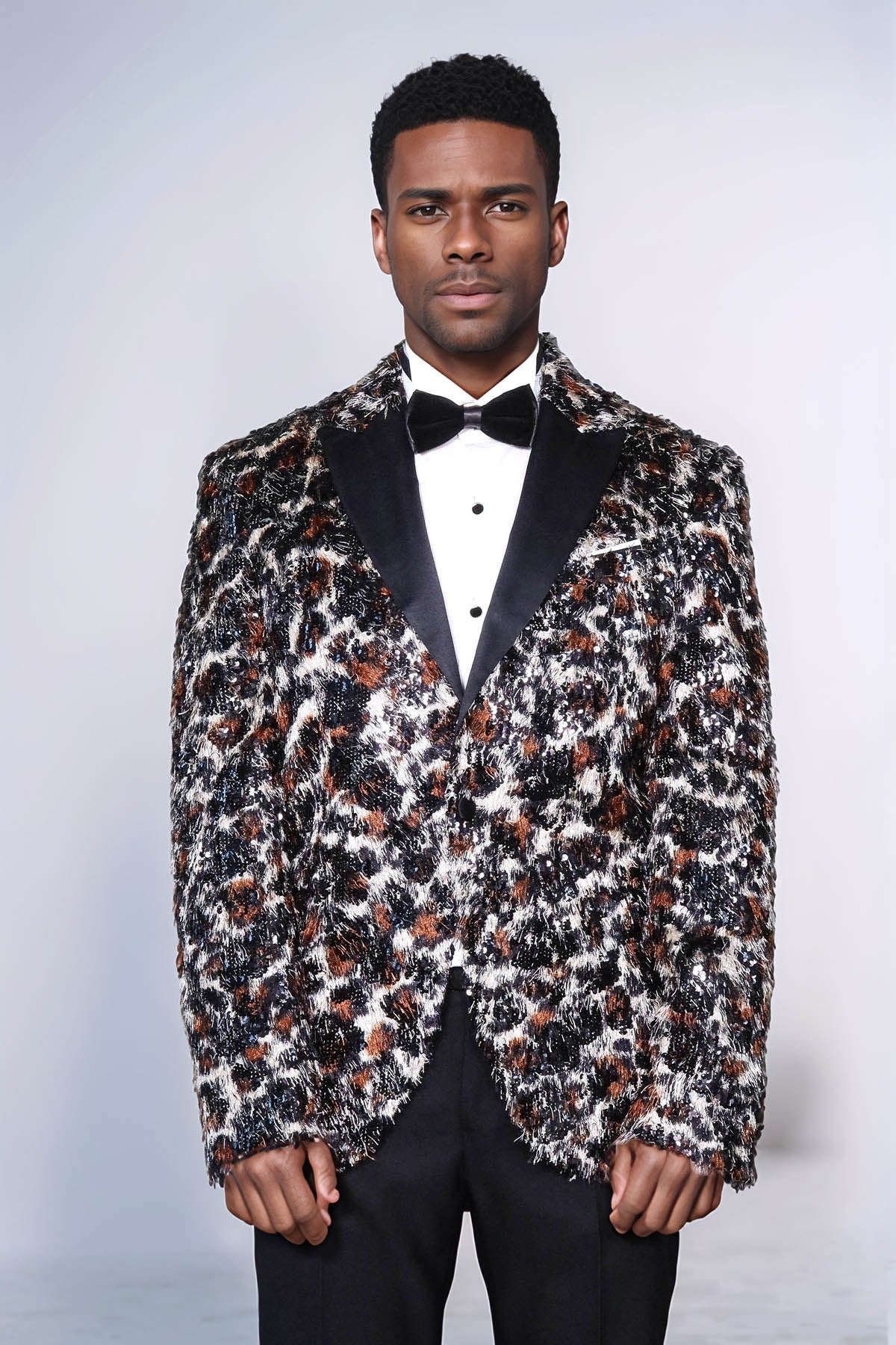 White and Black Feather Patterned Men's Prom Jacket - Wessi